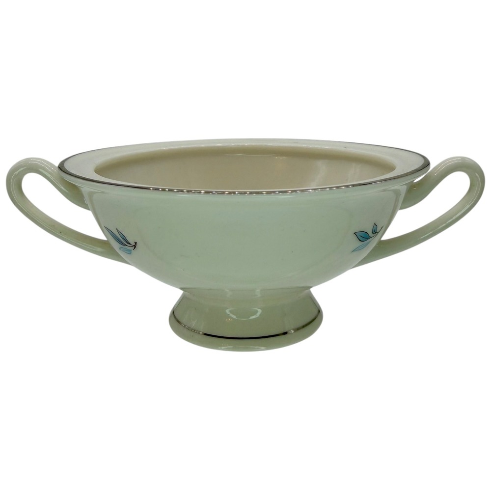Syracuse China Celeste Cream Soup Bowl Blue‎ Leaf Platinum Trim Double Handle